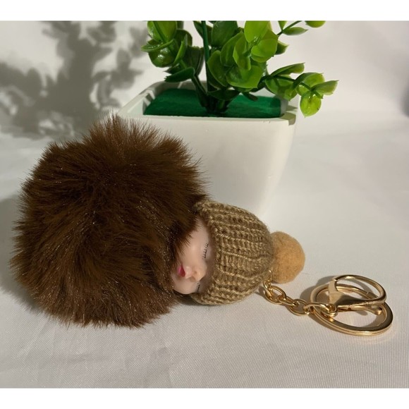 Cute Sleeping Baby  Fur Ball Hat Plush Doll Pendent Unisex Key Chain - Picture 3 of 8